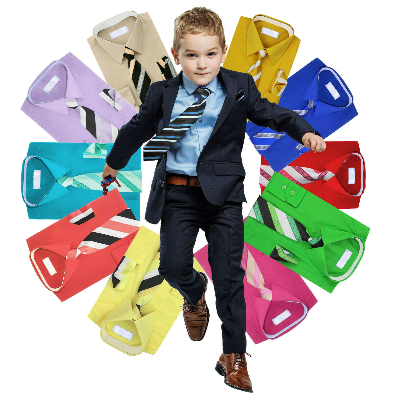 Boys Long Sleeve Dress Shirt Matching Tie & Hanky Toddler Kids Button Up Set